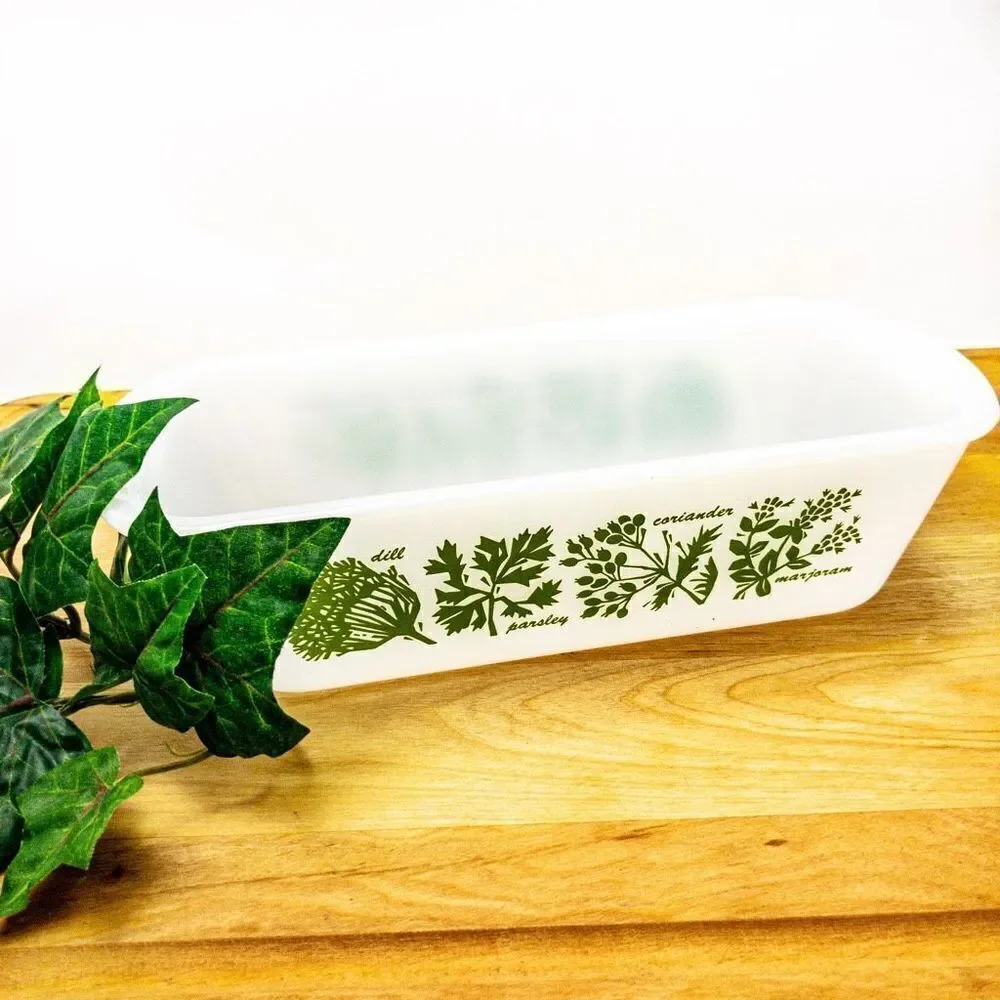 1960’s VTG Glasbake J522 1.5 Quart Milk Glass Loaf Pan Green Herb Pattern
